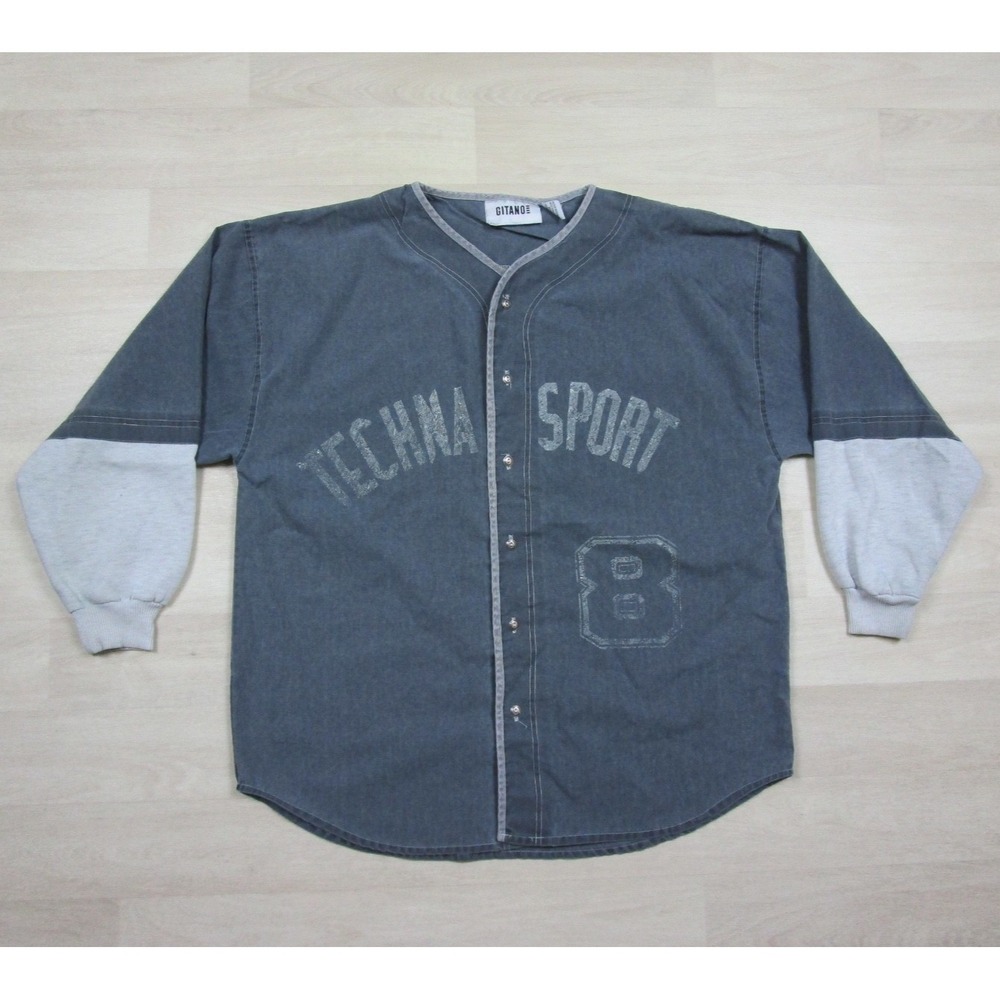 Vintage 90s Gitano Techna Sport‎ Jersey Shirt Mens (L) Gray Button Up Baseball
